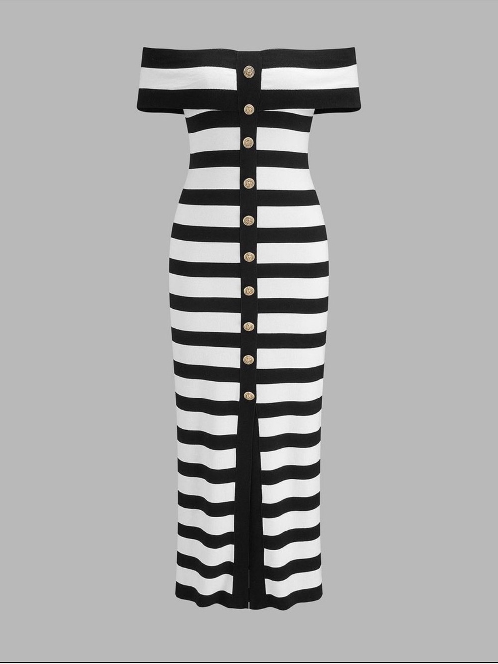 Commense Off-Shoulder Black and White Striped Button-Front Midi Dress - Picture 2 of 8